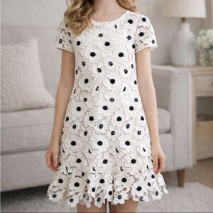MILLY MINIS Girl's 3D Poppy Floral Lace Mini Dress‎ White & Black Size 16